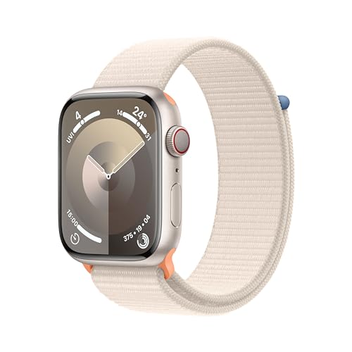 Apple Watch Series 9 (GPS + Cellular, 45 mm) Smartwatch mit Aluminiumgehäuse und Sport Loop Armband in Polarstern. Fitnesstracker, Blutsauerstoff und EKG Apps, Always-On Retina Display, CO₂ neutral von Apple