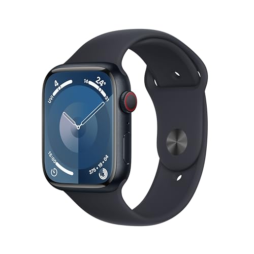 Apple Watch Series 9 GPS + Cellular, 45 mm Aluminiumgehäuse Mitternacht, Sportarmband Mitternacht – S/M von Jiobbo
