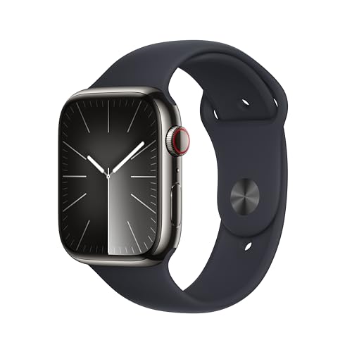 Apple Watch Series 9 (GPS + Cellular, 45 mm) Smartwatch mit Edelstahlgehäuse in Graphit und Sportarmband S/M in Mitternacht. Fitnesstracker, Blutsauerstoff und EKG Apps, Always-On Retina Display von Apple