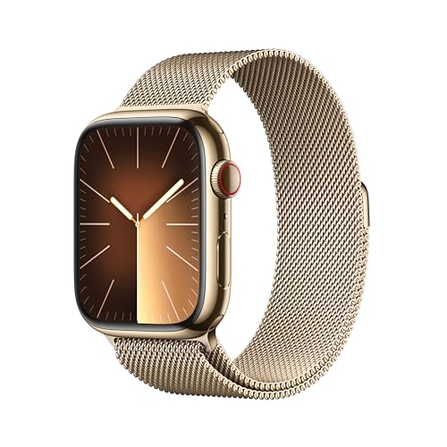 Apple Watch Series 9 (GPS + Cellular, 45 mm) Smartwatch mit Edelstahlgehäuse und Milanaise Armband in Gold. Fitnesstracker, Blutsauerstoff und EKG Apps, Always-On Retina Display, Wasserschutz von Apple