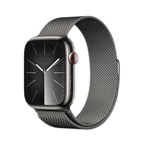 Apple Watch Series 9 (GPS + Cellular, 45 mm) Smartwatch mit Edelstahlgehäuse und Milanaise Armband in Graphit. Fitnesstracker, Blutsauerstoff und EKG Apps, Always-On Retina Display, Wasserschutz von Apple