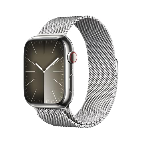 Apple Watch Series 9 (GPS + Cellular, 45 mm) Smartwatch mit Edelstahlgehäuse und Milanaise Armband in Silber. Fitnesstracker, Blutsauerstoff und EKG Apps, Always-On Retina Display, Wasserschutz von Apple