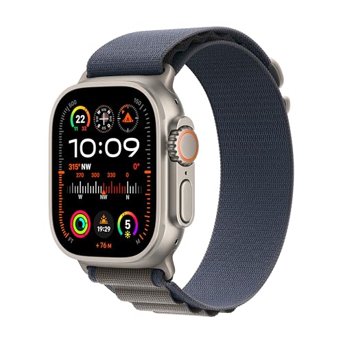 Apple Watch Ultra 2 (GPS + Cellular, 49 mm) Smartwatch mit robustem Titangehäuse und Alpine Loop Armband (Large) in Blau. Fitnesstracker, präzises GPS, extra Lange Batterielaufzeit, CO₂ neutral von Apple