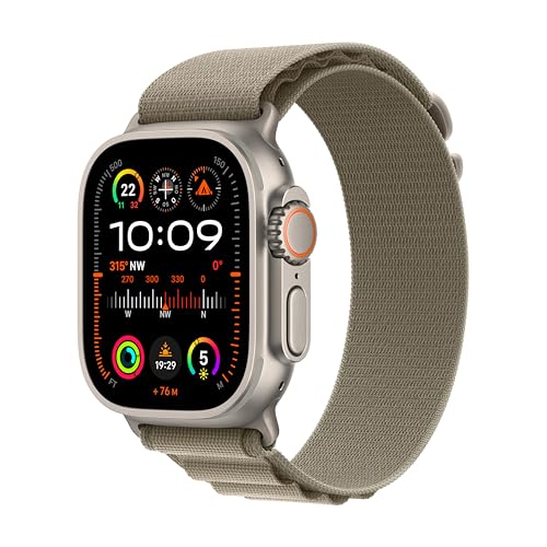 Apple Watch Ultra 2 (GPS + Cellular, 49 mm) Smartwatch mit robustem Titangehäuse und Alpine Loop Armband (Large) in Olivgrün. Fitnesstracker, präzises GPS, extra Lange Batterielaufzeit, CO₂ neutral von Apple