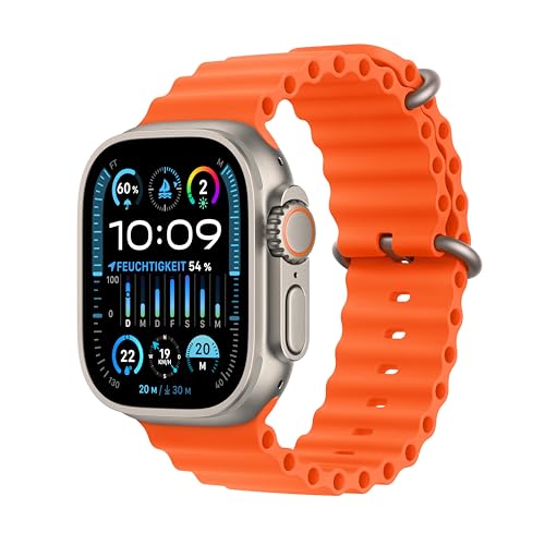 Apple Watch Ultra 2 (GPS + Cellular, 49 mm) Smartwatch mit robustem Titangehäuse und Ocean Band Armband in Orange. Fitnesstracker, präzises GPS, extra Lange Batterielaufzeit, helles Retina Display von Apple
