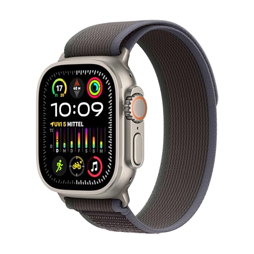 Apple Watch Ultra 2 (GPS + Cellular, 49 mm) Smartwatch mit robustem Titangehäuse und Trail Loop Armband (M/L) in Blau/Schwarz. Fitnesstracker, präzises GPS, extra Lange Batterielaufzeit, CO₂ neutral von Apple