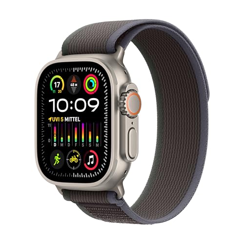 Apple Watch Ultra 2 (GPS + Cellular, 49 mm) Smartwatch mit robustem Titangehäuse und Trail Loop Armband (S/M) in Blau/Schwarz. Fitnesstracker, präzises GPS, extra Lange Batterielaufzeit, CO₂ neutral von Apple