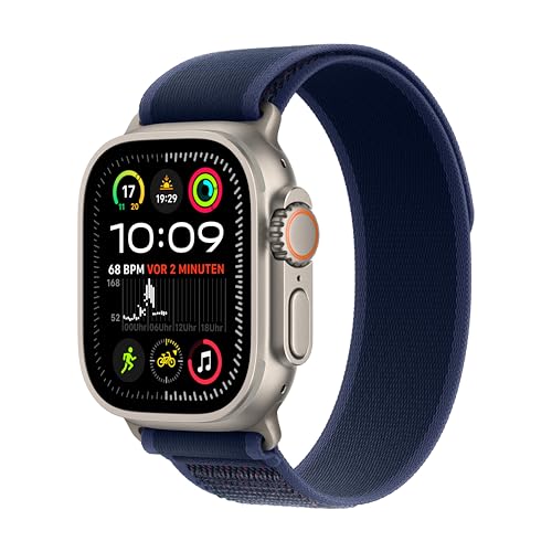 Apple Watch Ultra 2 (GPS + Cellular 49 mm) Smartwatch, Sportuhr mit Titangehäuse in Natur und Trail Loop in Blau (S/M). Fitnesstracker, präzises GPS, extra Lange Batterielaufzeit von Apple