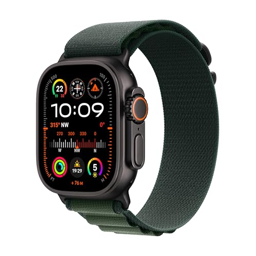 Apple Watch Ultra 2 (GPS + Cellular 49 mm) Smartwatch, Sportuhr mit Titangehäuse in Schwarz und Alpine Loop in Dunkelgrün (Large). Fitnesstracker, präzises GPS, Actiontaste, CO₂ neutral von Apple