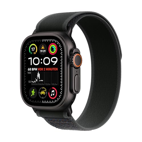 Apple Watch Ultra 2 (GPS + Cellular 49 mm) Smartwatch, Sportuhr mit Titangehäuse in Schwarz und Trail Loop in Schwarz (M/L). Fitnesstracker, präzises GPS, extra Lange Batterielaufzeit von Apple