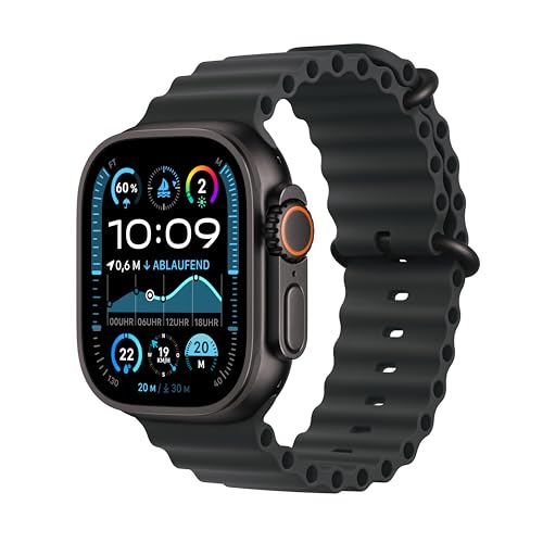 Apple Watch Ultra 2 (GPS + Cellular 49 mm) Smartwatch, Sportuhr mit Titangehäuse in Schwarz und Ocean Armband in Schwarz (One Size). Fitnesstracker, präzises GPS, extra Lange Batterielaufzeit von Apple