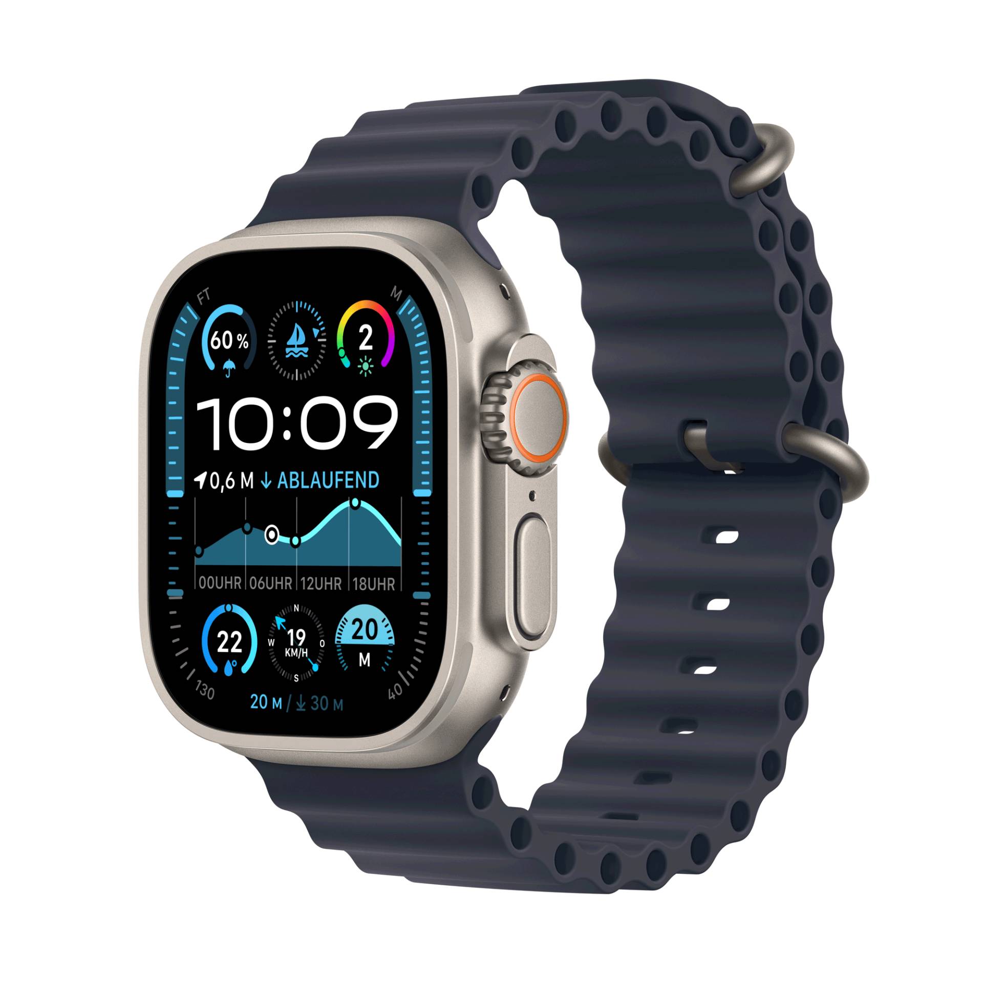 Apple Watch Ultra 2 GPS + Cellular 49mm Natural Titanium Case mit Navy Ocean Band (MX4D3FD/A) von Apple