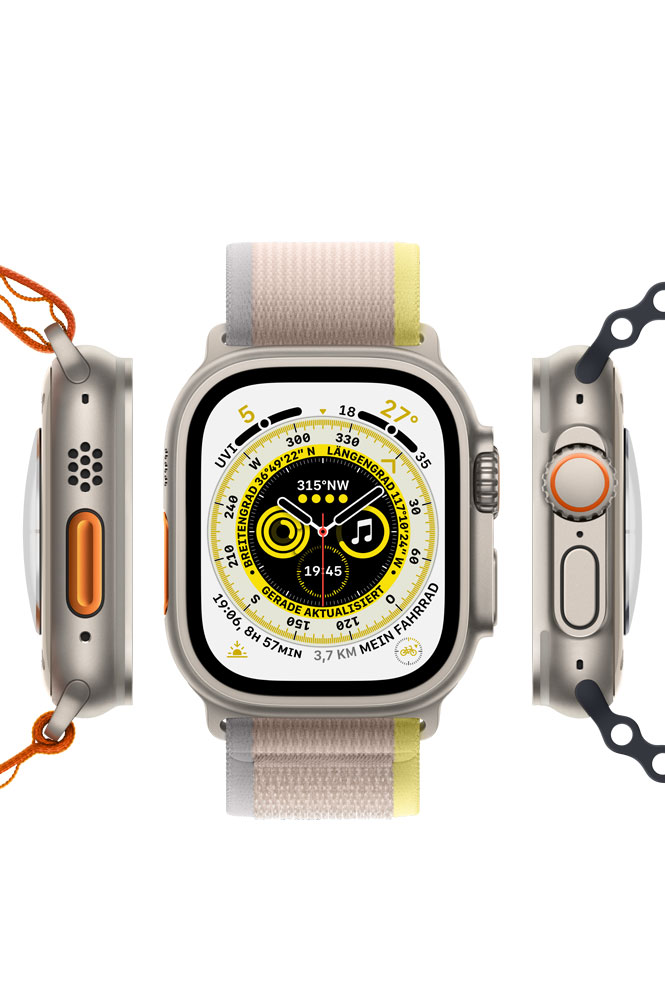 Apple Watch Ultra - 49 mm - Titan - intelligente Uhr mit Trail Loop - soft double-layer nylon - yellow/beige - Bandgröße: S/M - 32 GB - Wi-Fi, LTE, UWB, Bluetooth - 4G - 61.3 g von Apple