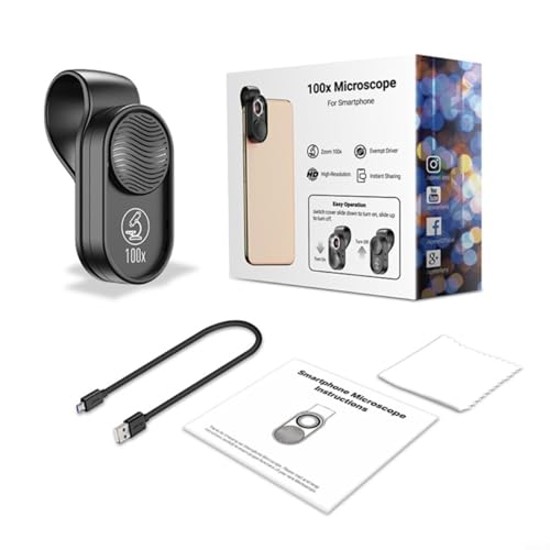 Aprilsunnyzone Smartphone Mikroskop 100X Vergrößerung, LED Beleuchtung, F1.8 Objektiv, 4-Gruppen-Optik, USB wiederaufladbar, Clip-On für Handys von Aprilsunnyzone