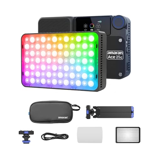 Amaran Ace 25c Stativ-Set RGBWW LED-Videoleuchte 32 W Vollfarbe auf Kamera 2300 K-10000 K Schnelllade-App-Steuerung (Anthrazit) von Aputure