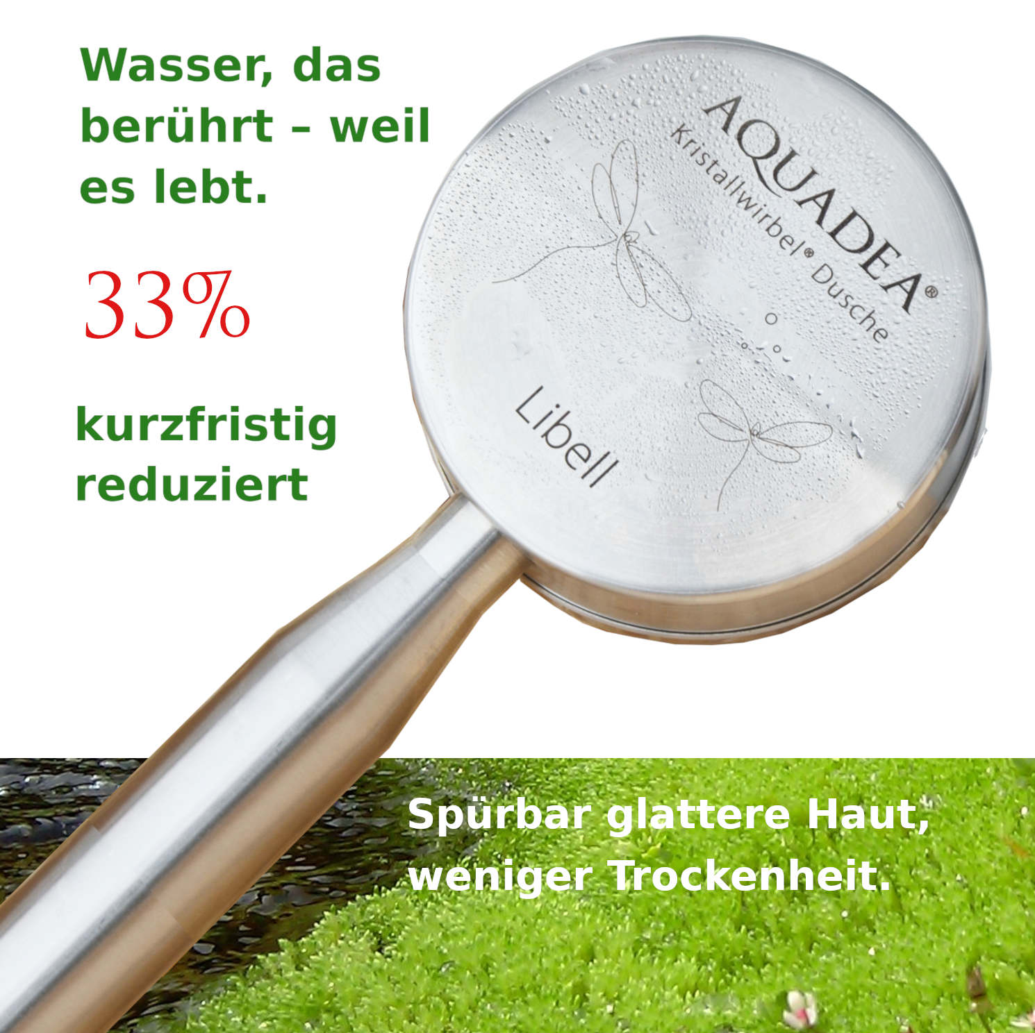 Kristallwirbel® Duschkopf Edelstahl-Titan | „Libell 4“ Rosenquarz-Bergkristall  - Online-Outlet von Aquadea