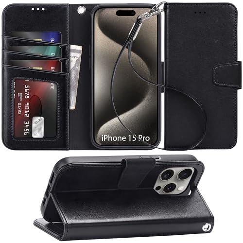 Arae Hülle für iPhone 15 Pro mit Kartenfach und Handschlaufe Leder Klapphülle, Standfunktion Magnet Stoßfest Handyhülle für iPhone 15 Pro 6,1 Zoll, Schwarz von Arae