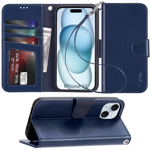 Arae Hülle für iPhone 15 mit Kartenfach und Handschlaufe Leder Klapphülle, Standfunktion Magnet Stoßfest Handyhülle für iPhone 15 6,1 Zoll, Blau von Arae