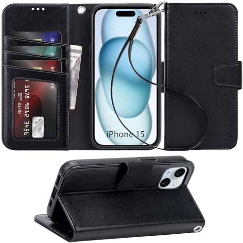 Arae Hülle für iPhone 15 mit Kartenfach und Handschlaufe Leder Klapphülle, Standfunktion Magnet Stoßfest Handyhülle für iPhone 15 6,1 Zoll, Schwarz von Arae