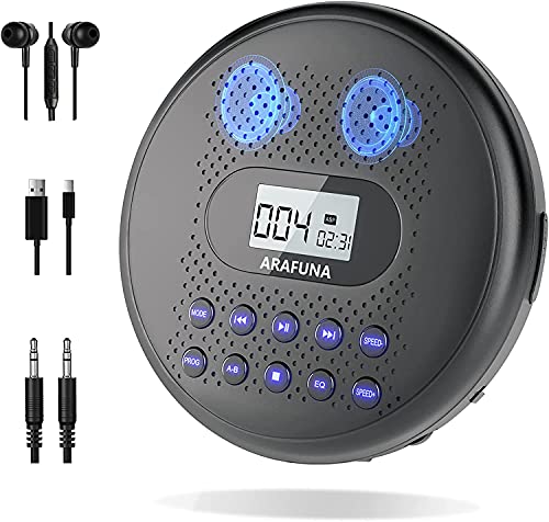 CD Player Tragbar, Arafuna Tragbarer CD Player mit Lautsprecher, Wiederaufladbarer CD-Spieler für Auto mit Anti-Skip-Schutz, Discman mit Kopfhörern und AUX-Kabel von Arafuna
