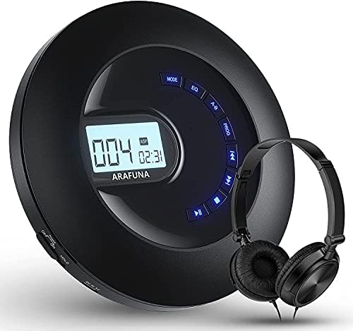CD Player tragbar, wiederaufladbarer tragbarer CD-Player für Auto und Reisen, CD-Spieler mit Kopfhörer und Anti-Skip/Stoßfest, Discman klein mit LCD-Display, AUX-Kabel, Hintergrundbeleuchtung von Arafuna