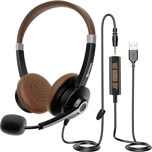 PC Headset mit Mikrofon, USB/3.5mm Klinke Kopfhörer mit Mikrofon und Lautstärkeregler für Call Center Office Telefonkonferenzen Skype Online-Kurse und Musik, Super Leicht, Ultra Komfort von Arama