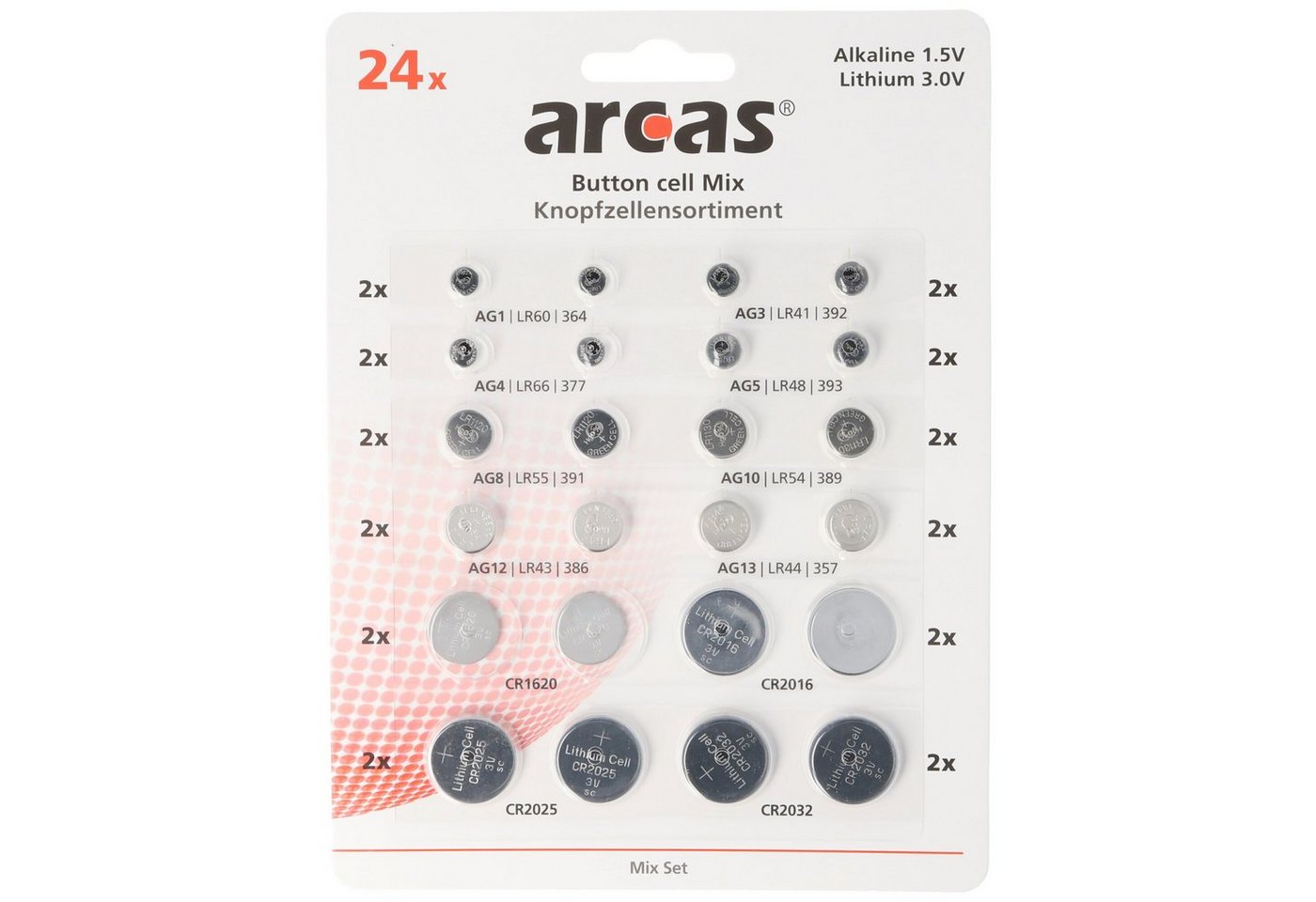 Arcas 24 Alkaline und Lithium Knopfzellen Batterien sortiert im Set Fotobatterie, (3,0 V) von Arcas