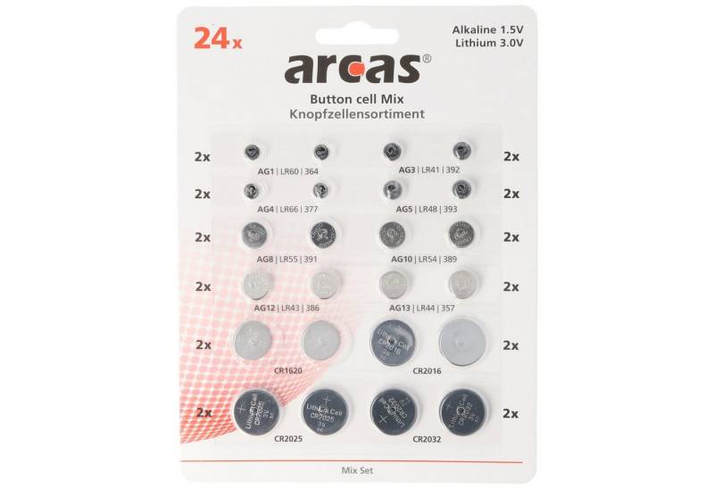 Arcas 24 Alkaline und Lithium Knopfzellen Batterien sortiert im Set Fotobatterie, (3,0 V) von Arcas