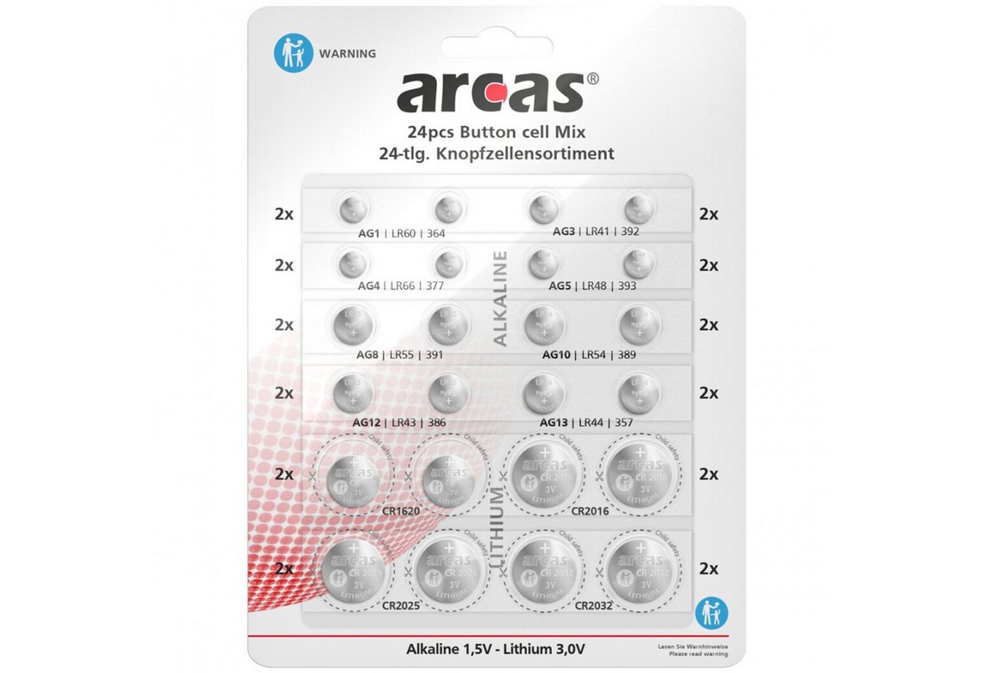 Arcas 24x Knopfzellen Set Sortiment Knopfbatterien Knopfzelle, (24 St), Knopfzellensortiment, Knopfzellenset von Arcas