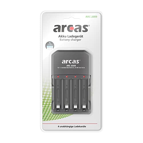 Arcas 4 Kanal 20702009 Akku Ladegerät (AC 230V, 50-60Hz, 2W Input, geeignet für 1-4 AA/AAA, NI-MH oder NI-CD wiederaufladbaren Batterien) schwarz von Arcas