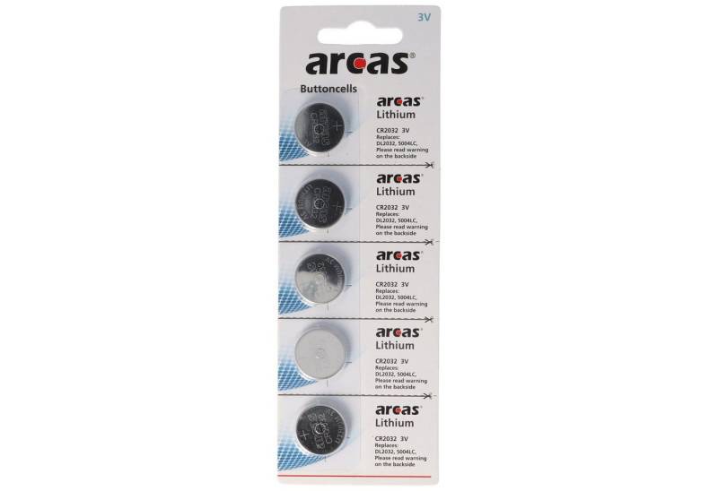 Arcas 5 Stück CR2032 Lithium Batterie Batterie, (3,0 V) von Arcas