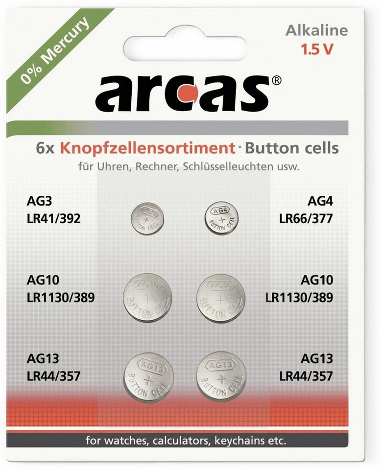 Arcas ARCAS Knopfzellen-Set, AG3, AG4, AG10, AG13 Knopfzelle von Arcas