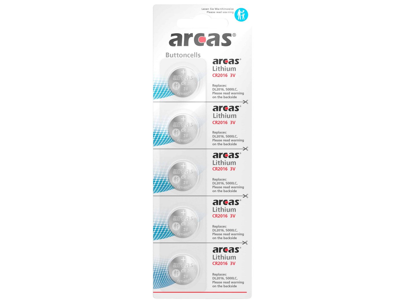 Arcas ARCAS Lithium-Knopfzellen CR2016, 5 Stück Knopfzelle von Arcas