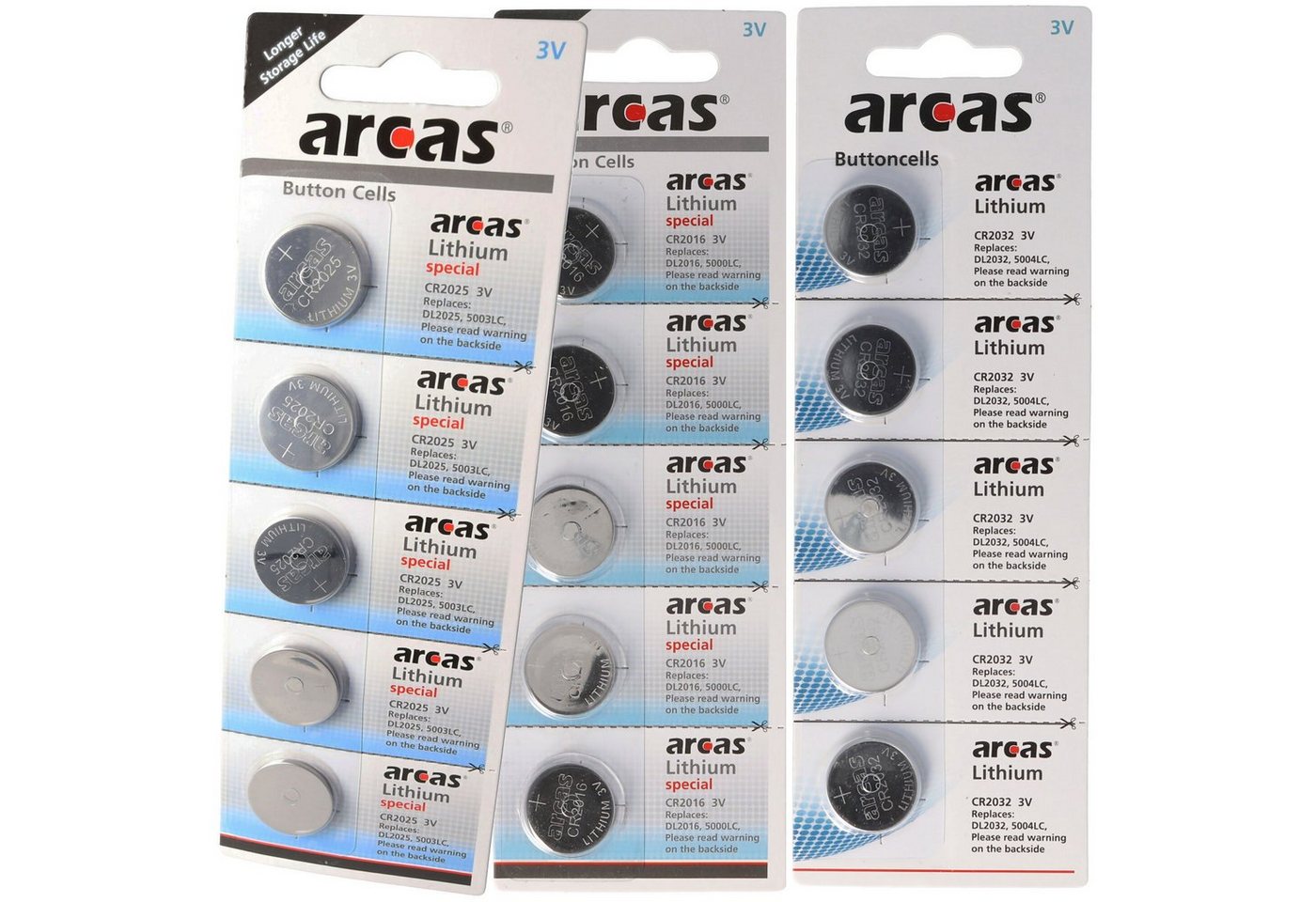 Arcas Knopfzellen-Paket 2+1 gratis, 5x CR2025, 5x CR2032, 5x CR2016 Knopfzelle von Arcas