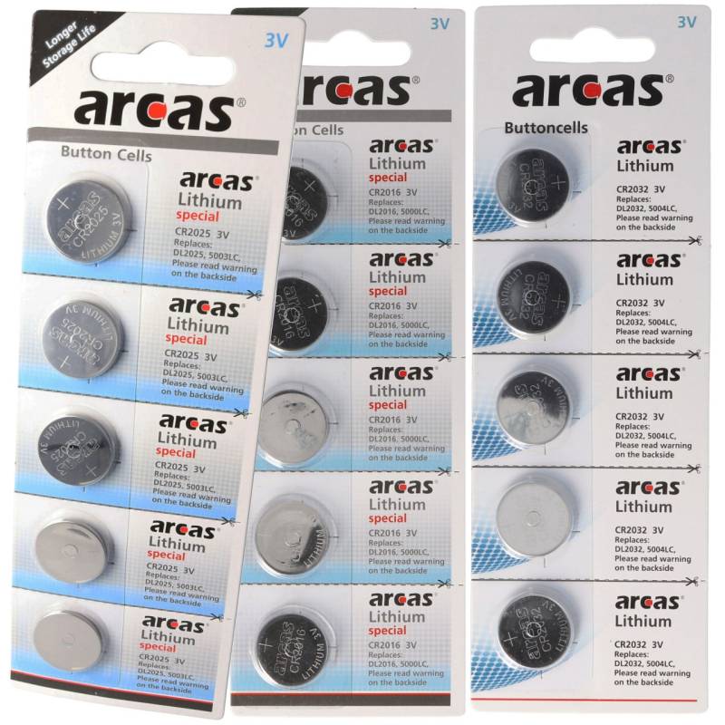 Knopfzellen-Paket 2+1 gratis, 5x CR2025, 5x CR2032, 5x CR2016 von Arcas