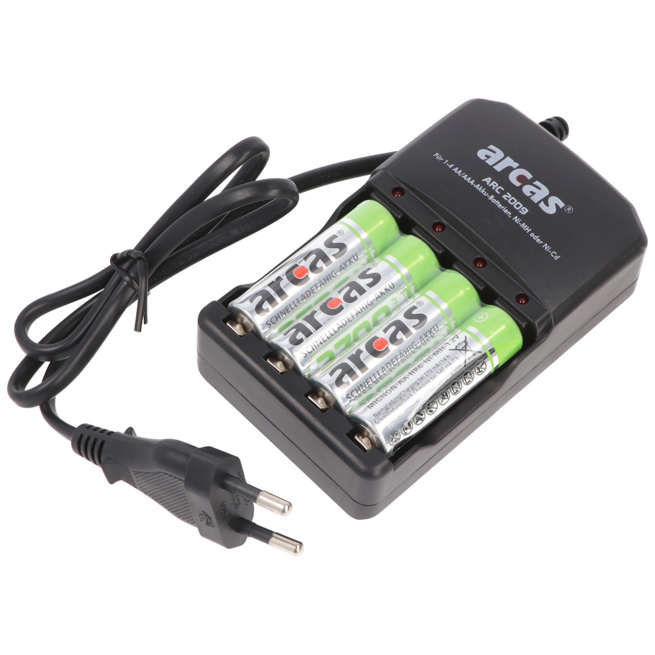 Ladegerät inklusive 4 Mignon AA NiMH Akkus mit 2700mAh zum Sparpreis Ladegerät inklusive 4 Mignon AA NiMH Akkus mit 2700mAh zum Sparpreis von Arcas