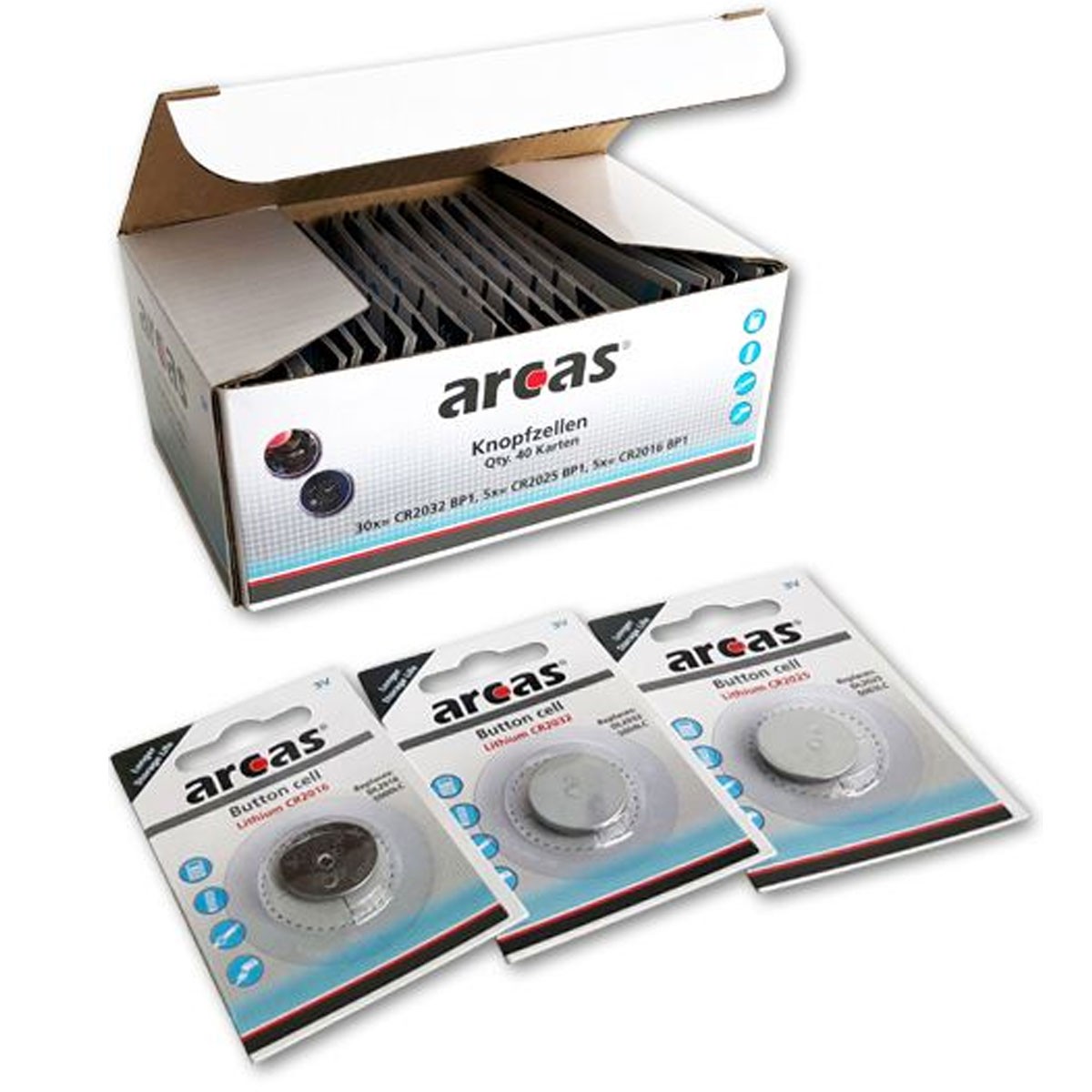 Vorteils-Set Lithium Batterien bestehend aus 30x CR2032, 5x CR2025, 5x CR2016 Vorteils-Set Lithium Batterien bestehend aus 30x CR2032, 5x CR2025, 5x CR2016 von Arcas