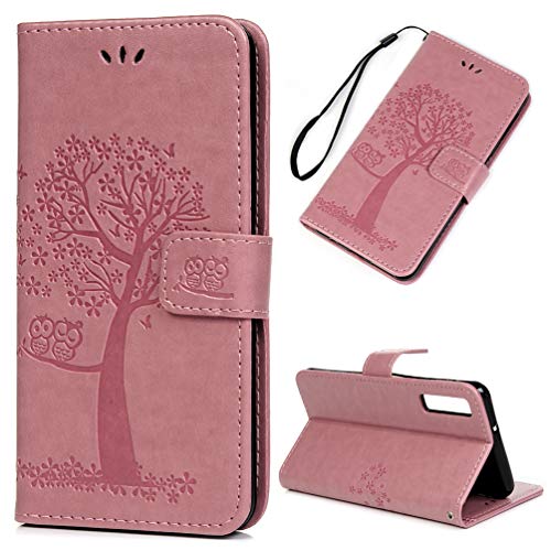 Archi Kompatibel mit Samsung Galaxy A7 2018 Hülle Leder Flip Case Tasche Eule Baum Wallet Handyhülle Kunstleder Bookstyle Brieftasche Schutzhülle Handytasche Magnetisch Kartenfach Ständer Rosa von Archi