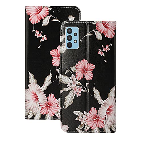 Klapphülle Galaxy A32 4G Handyhülle Kompatibel mit Samsung Galaxy A32 4G Hülle Marmor Muster Leder Tasche [Standfunktion] [Kartenfach] Stoßfeste Schutzhülle Flip Case Cover (Hibiskus) von Archi