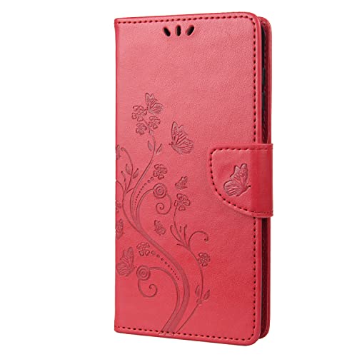 Leder Klappbar Schutzhülle Kompatibel mit Samsung Galaxy A13 4G Hülle Brieftasche Stoßfeste Handyhülle Magnet Flip Cover Blumen Prägung Klapphüllen mit Kartenfach Standfunktion (Rot) von Archi