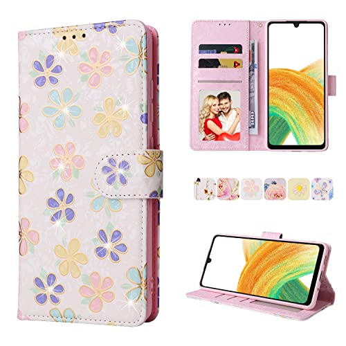 PU Lederhülle Kompatibel mit Samsung Galaxy A33 5G Schutzhülle mit Handgelenkriemen, RFID Schutz Klapphüllen Stoßfeste Handytasche Blumen Muster Flip Cover für Frauen Mädchen (Gold Blume) von Archi