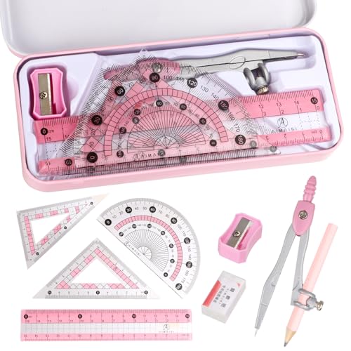 Mathematik-Set, Geometrie-Set, Winkelmesser und Zirkel-Set mit Metallbox, Zeichenkompass mit Linealen, Mathematik-Kompass-Set für Klassenbedarf und Schule, 9-teilig Mathematik-Set, Geometrie-Set, Winkelmesser und Zirkel-Set mit Metallbox, Zeichenkompass mit Linealen, Mathematik-Kompass-Set für Klassenbedarf und Schule, 9-teilig von Arcjunys