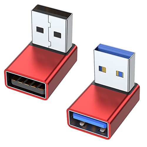 AreMe 90 Grad USB 3.0 Adapter, 2 Stück, Auf- und Abwinkel, USB A Stecker auf Buchse, Konverter Extender für PC, Laptop, USB A Ladegerät, Powerbank und mehr (rot) von AreMe