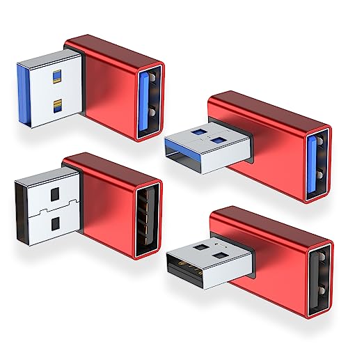 AreMe 90 Grad USB 3.0 Adapter, 4 Stück, Auf- und Abwinkel, Linker und Rechtwinkel, USB A Stecker auf Buchse, Konverter Extender für PC, Laptop, USB A Ladegerät, Powerbank und mehr (rot) von AreMe