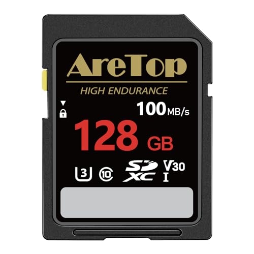Aretop 128 GB SD-Karte, Camera Pro, V30 SDXC Speicherkarte High Speed UHD Video Kompatibel mit Canon Nikon Sony Pentax Kodak Olympus Panasonic Digitalkamera, 1er-Pack mit 1 Mini-Hüllen von AreTop