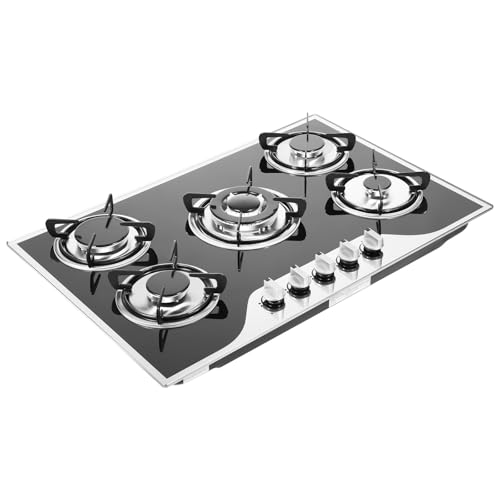 Gaskochfeld 5 Flammig, Einbau-Gaskochfeld aus Edelstahl Autarkes Gaskocher Autark Elektronische Impulszündung Für den Einsatz in Haushalten oder Restaurants (77.5 * 51 * 6.5cm) von Areao