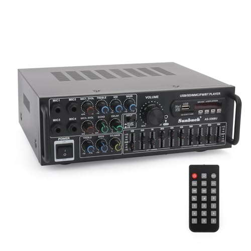 Areyourshop Hifi Verstärker Stereo pa endstufe mit Bluetooth 5.0 2000W Audio Receiver Karaoke FM USB SD AUX, Vorverstärker Hifi 5-Band-EQ-Mixer, 4 Mikr, Verstärker mit Boxen, Tuner Hifi Stereo von Areyourshop