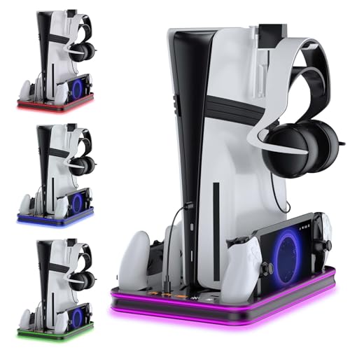 AriKroii PS5/PS5 Slim Ständer mit PS Portal und PS5 Controller Ladestation, PS5 Vertikale Klammer mit 3 Stufig Lüfter Gleichzeitiges Laden von DREI Geräten, Lagerung für PS5 Zubehör (Mit RGB-Licht) AriKroii PS5/PS5 Slim Ständer mit PS Portal und PS5 Controller Ladestation, PS5 Vertikale Klammer mit 3 Stufig Lüfter Gleichzeitiges Laden von DREI Geräten, Lagerung für PS5 Zubehör (Mit RGB-Licht) von AriKroii