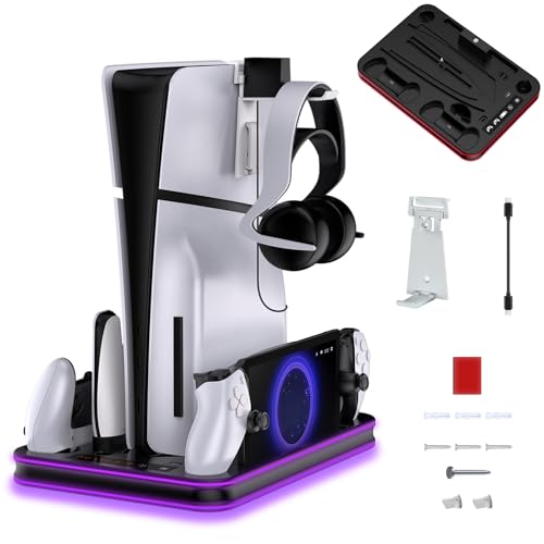 AriKroii PS5/PS5 Slim Ständer mit PS Portal und PS5 Controller Ladestation, PS5 Vertikale Klammer mit 3 Stufig Lüfter Gleichzeitiges Laden von DREI Geräten, Lagerung für PS5 Zubehör (Mit RGB-Licht) von AriKroii