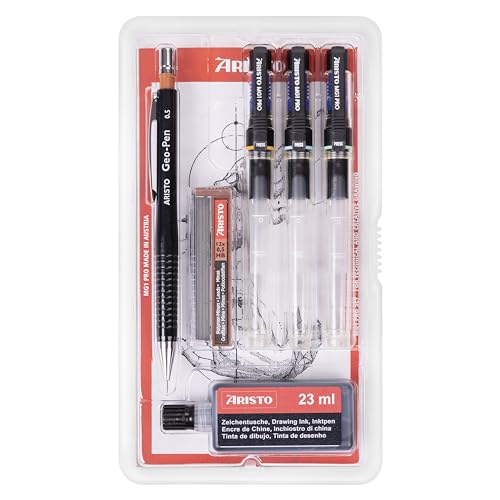 Aristo AH64310 mg1 Pro Tuschefüller College Set 6-teilig (3 Tuschefüller mg1 Pro, Strichstärken 0,25/0,5/0,7 mm, Geo-Pen Feinminenstift 0,5 mm mit 12 Ersatzminen, Zeichentusche schwarz) von Aristo